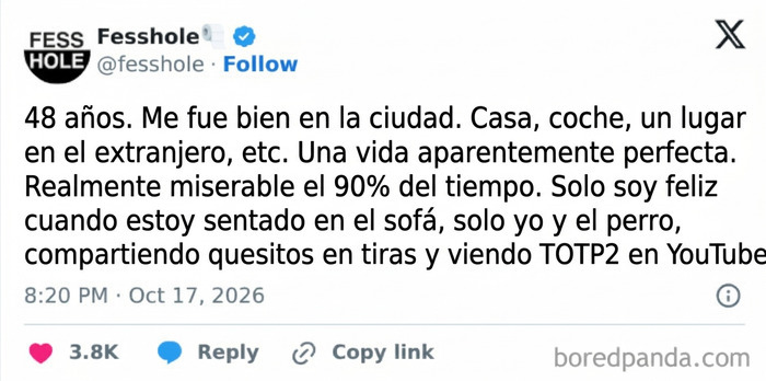 Captura de pantalla con confesiones anónimas sobre una vida feliz solo con un perro y la televisión.