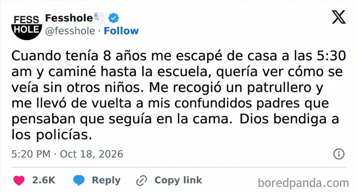 Texto en pantalla de confesiones anónimas sobre un niño que se escapó temprano a la escuela.