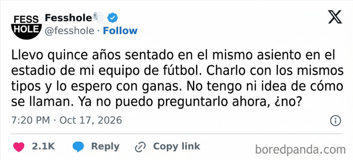 Publicación en redes sociales con confesiones anónimas sobre no saber el nombre de conocidos en el estadio.