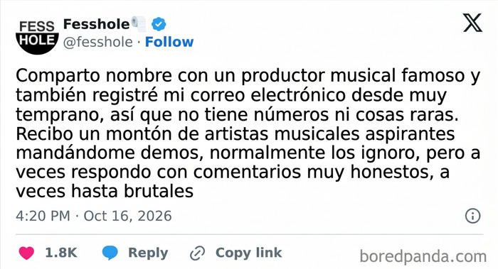Publicación de redes sociales con confesiones anónimas sobre responder demos musicales de forma brutal.