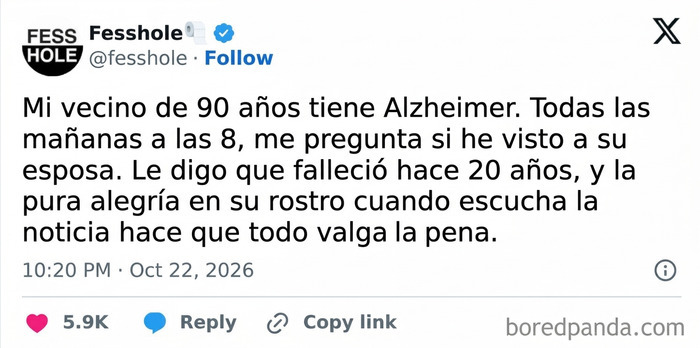 Publicación en línea que muestra confesiones anónimas sobre un vecino de noventa años con Alzheimer.