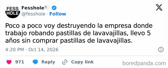 Captura de pantalla con confesiones anónimas sobre robar pastillas de lavavajillas en el trabajo.