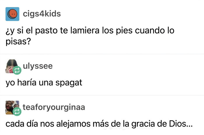 Publicación absurda en redes sociales con mensajes de texto divertidos.