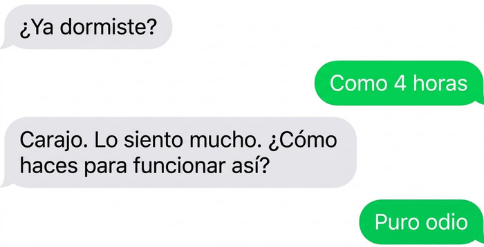 Conversación en pantalla con mensajes de texto divertidos sobre el poco sueño y el mal humor.