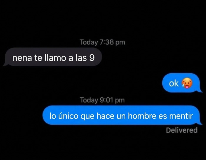 Captura de pantalla con mensajes de texto divertidos sobre una promesa de llamada fallida.