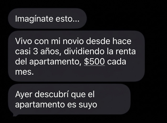 Captura de mensajes de texto graciosos sobre una mujer descubriendo que la renta era del novio.