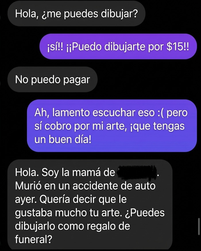 Captura de mensajes de texto incómodos pidiendo un dibujo gratis tras una excusa insólita.