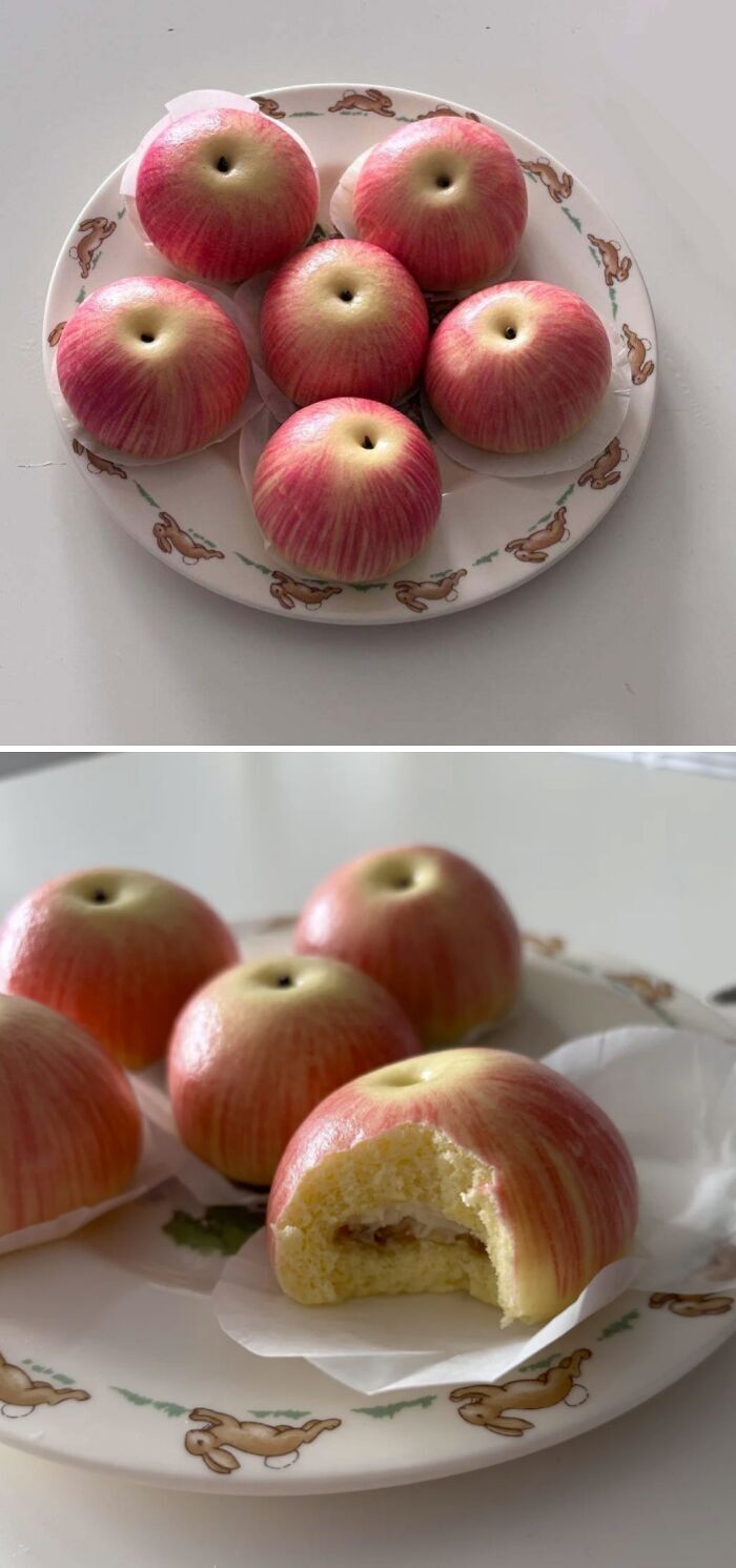 Bollos al vapor con forma y color de manzanas, alta repostería creativa.