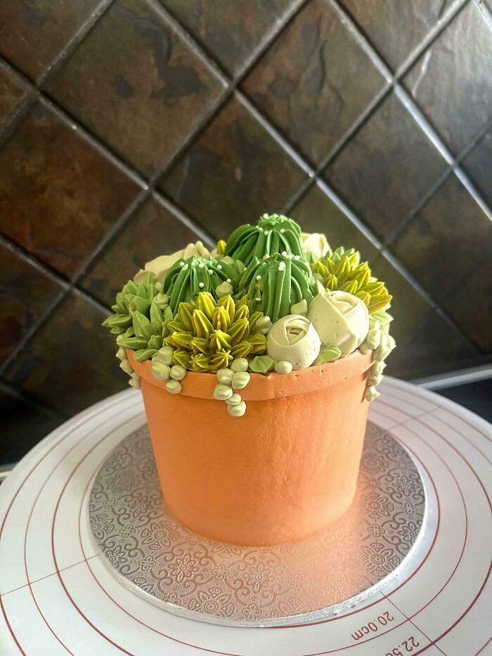 Pastel decorado como maceta con suculentas y cactus verdes de crema, ejemplo de repostería creativa.