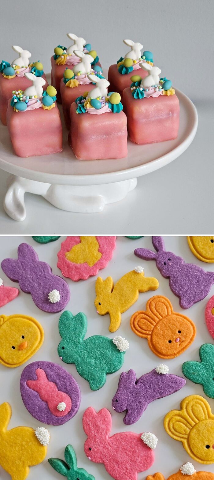 Postres y galletas decoradas con conejitos de Pascua, mostrando el arte de la repostería fina.