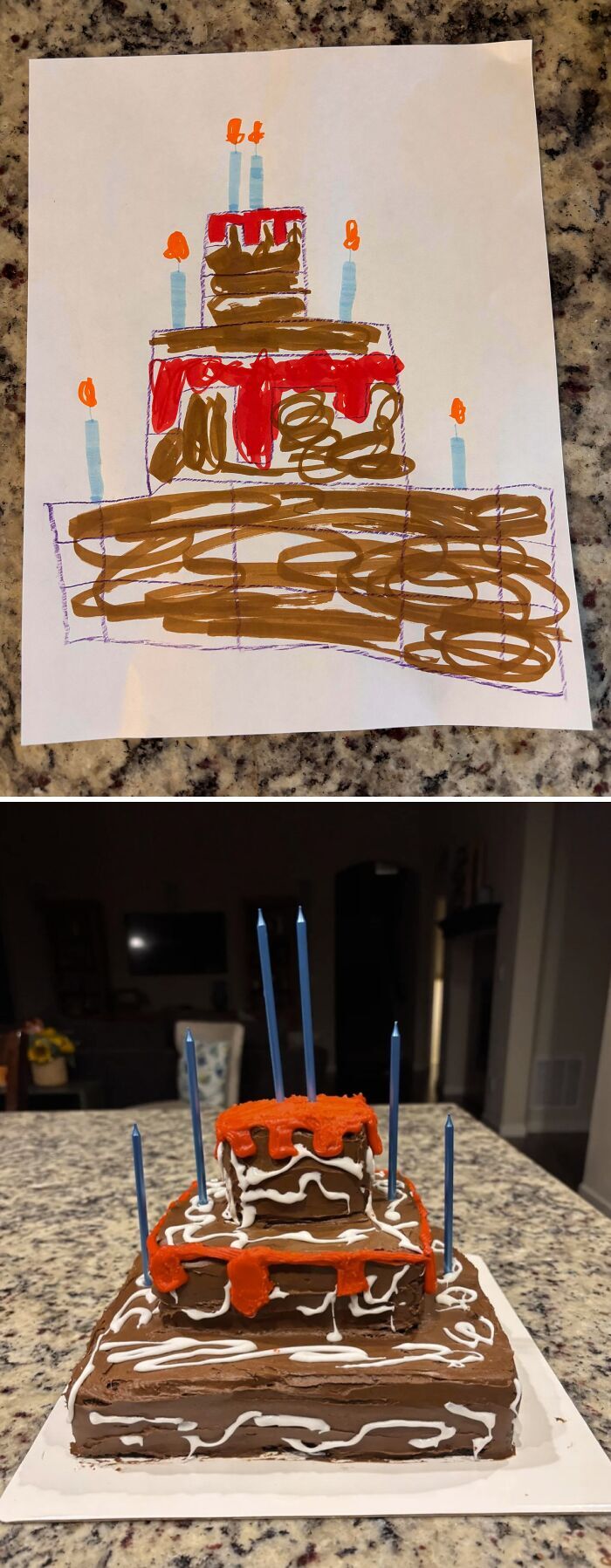 Dibujo infantil de pastel de chocolate y su réplica real con velas, ejemplo de repostería creativa.