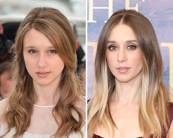 Foto comparativa del antes y después de Taissa Farmiga y su posible blefaroplastia