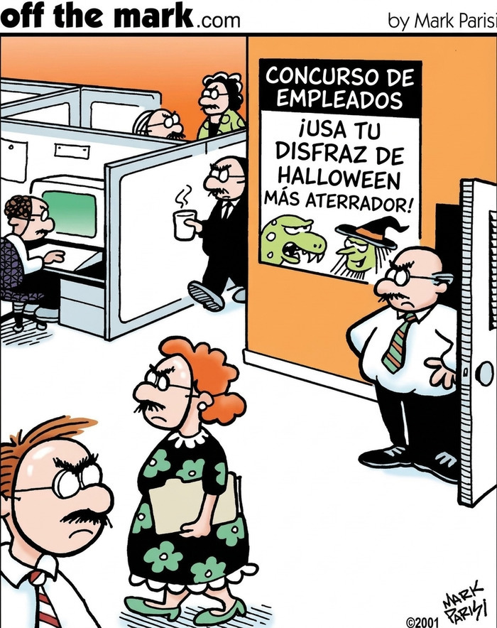 Empleados de oficina disfrazados de su jefe en una viñeta del autor Mark Parisi.
