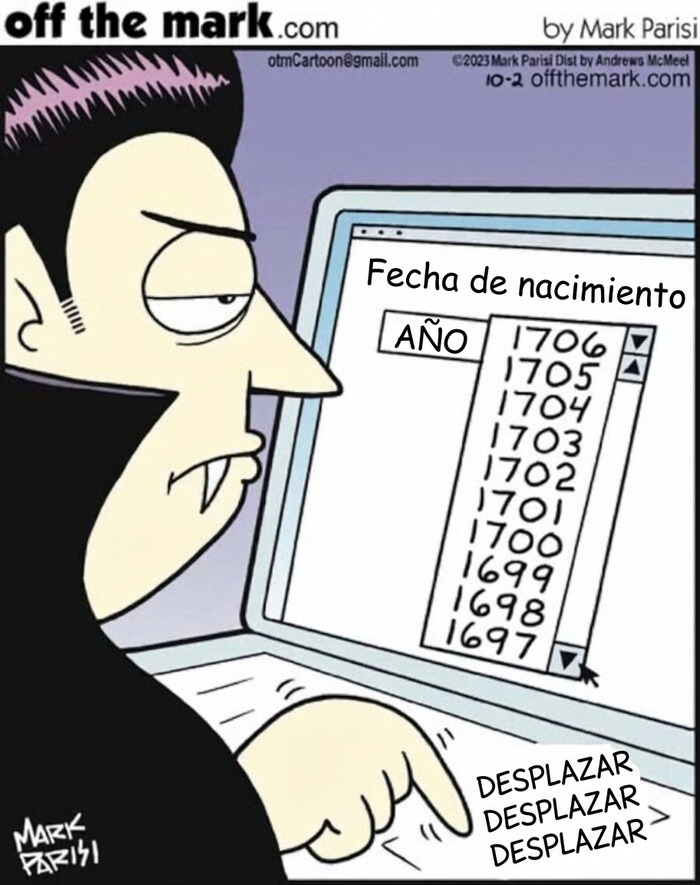 Cómic de Mark Parisi sobre un vampiro seleccionando su año de nacimiento en una computadora.