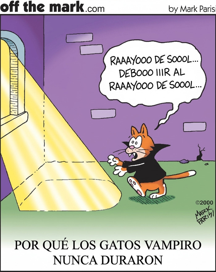 Gato vampiro caminando hacia la luz del sol en cómics de Mark Parisi