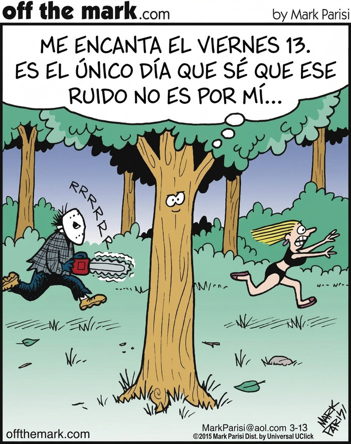 Árbol sonriendo en un bosque en divertidos cómics de Mark Parisi