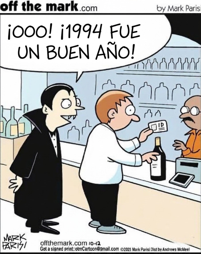 Vampiro mirando una identificación en una tienda de licores en un cómic de Mark Parisi.