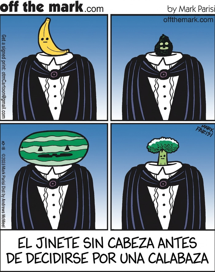 Cómic de Mark Parisi del Jinete sin cabeza probando frutas y verduras como cabeza.