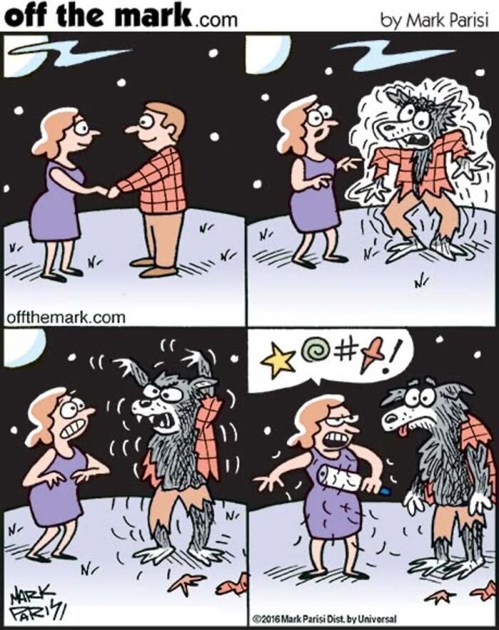 Cómic de Mark Parisi sobre un hombre lobo que pierde pelo por un rodillo quita pelusa.