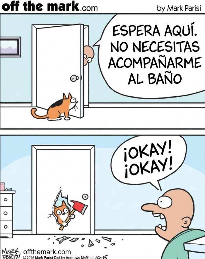 Cómic de Mark Parisi sobre un gato que rompe la puerta del baño con un hacha estilo El resplandor.