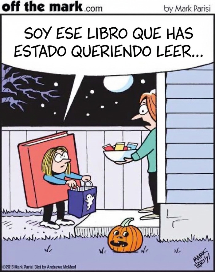 Niña disfrazada de libro pidiendo dulces en un cómic divertido de Mark Parisi