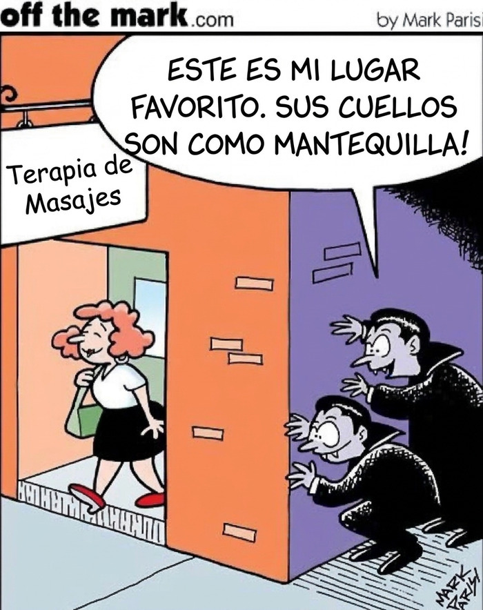 Dos vampiros acechan afuera de un local en divertidos cómics de Mark Parisi