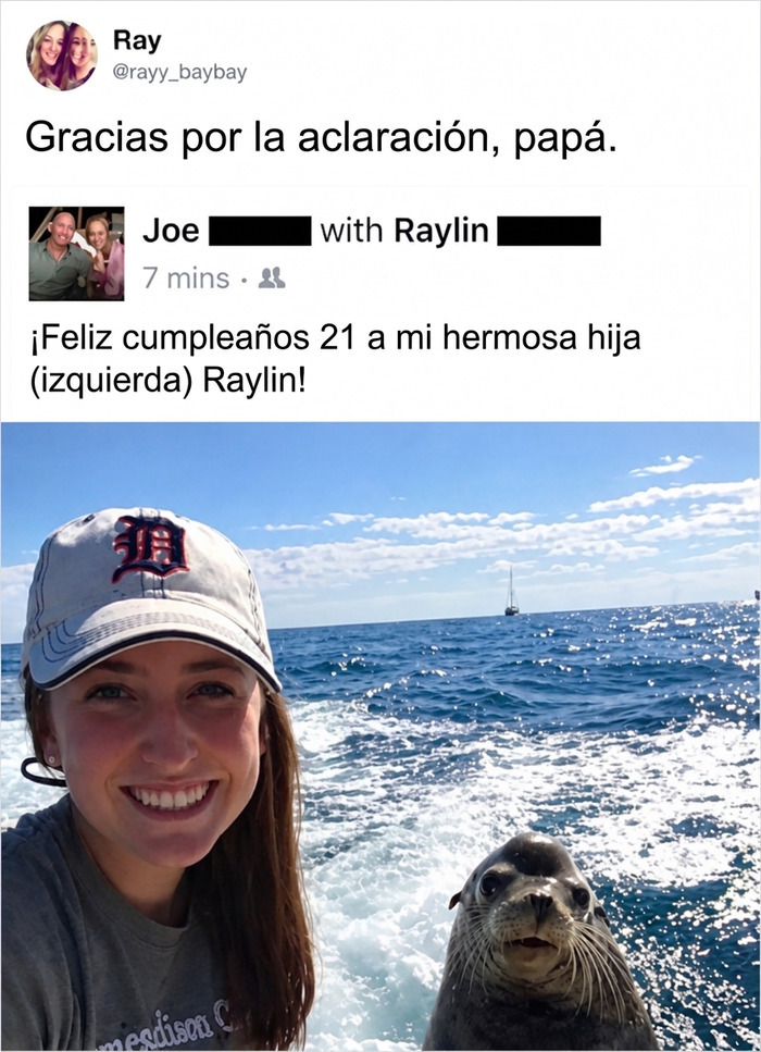 Una mujer junto a un león marino en el mar en uno de los memes divertidos sobre felicitaciones de cumpleaños