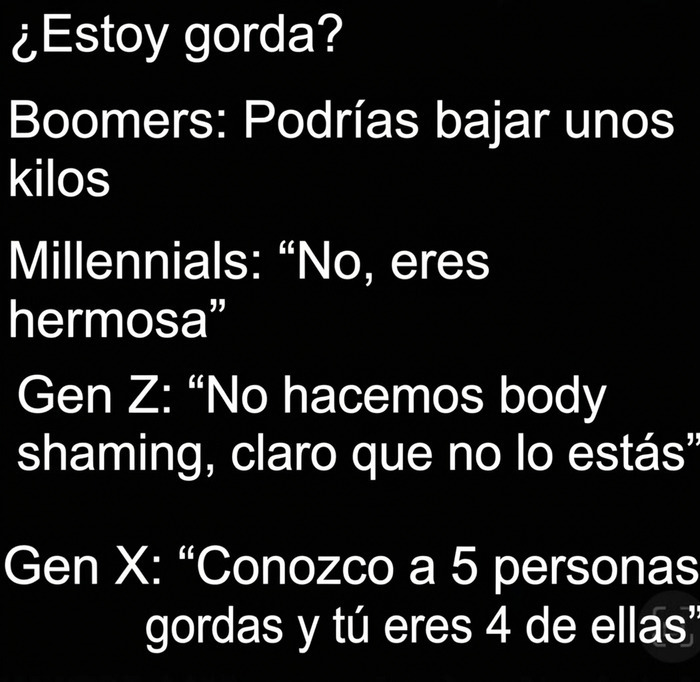Texto con memes divertidos que muestran las respuestas de diferentes generaciones a una pregunta sobre el peso