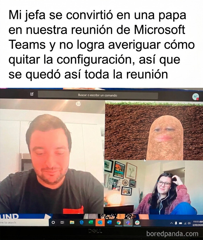 Reunión virtual graciosa con filtro de papa, un meme divertido para compartir.