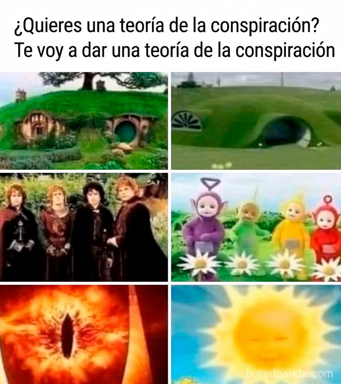 Memes divertidos sobre teorías de conspiración comparando El Señor de los Anillos con Teletubbies.