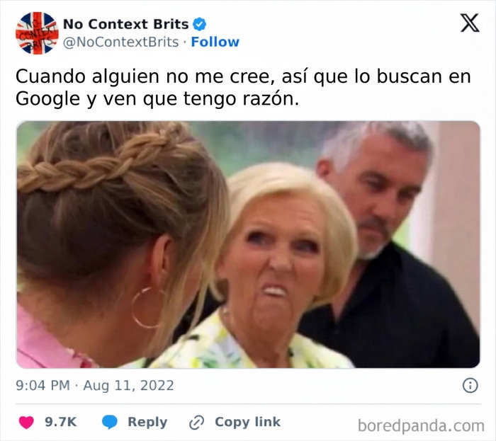 Captura de pantalla con meme divertido de una mujer con expresión graciosa para alegrarte el día.
