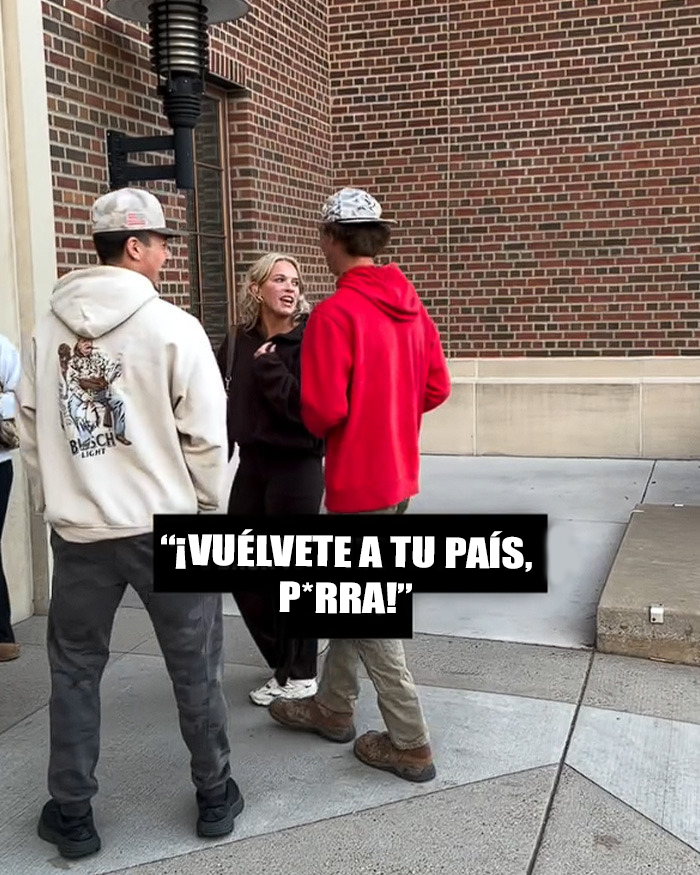 Estudiante gritando a manifestantes en el campus durante un altercado grabado en video. Estudiante gritando a manifestantes en el campus durante un altercado grabado en video.