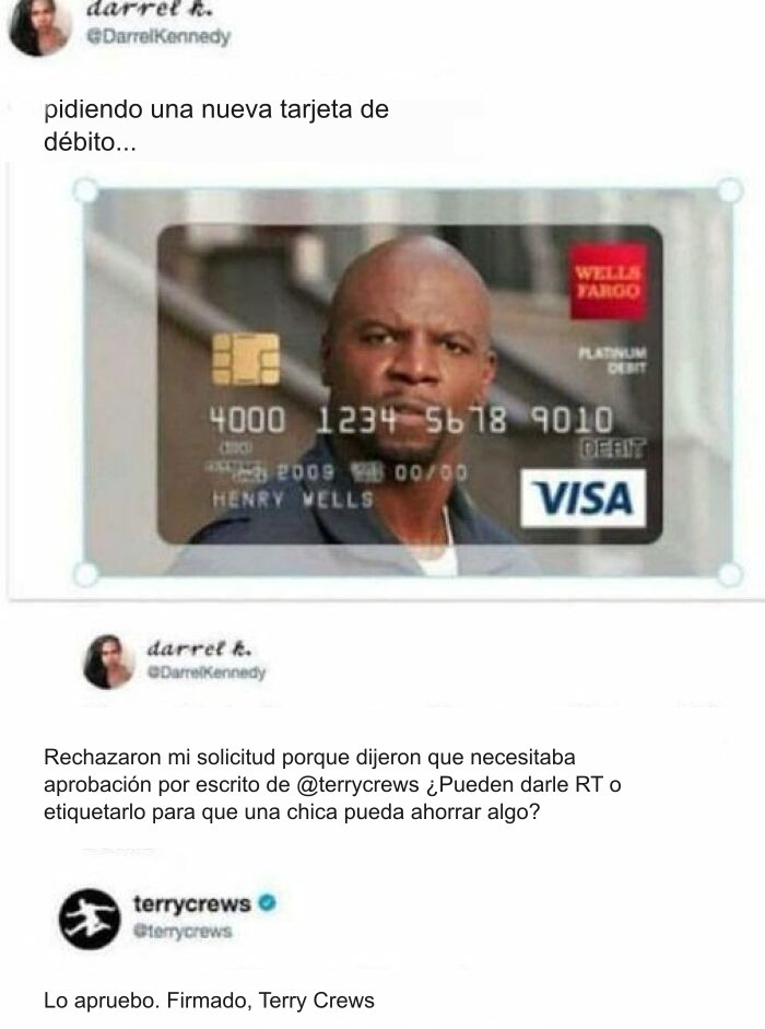 Captura de pantalla con comentarios más graciosos sobre una tarjeta de débito con Terry Crews.