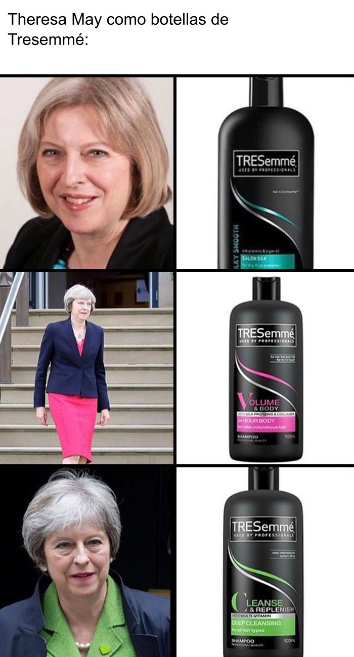 Comparación cómica de fotos de Theresa May con botellas de champú Tresemmé, reflejando memes británicos.